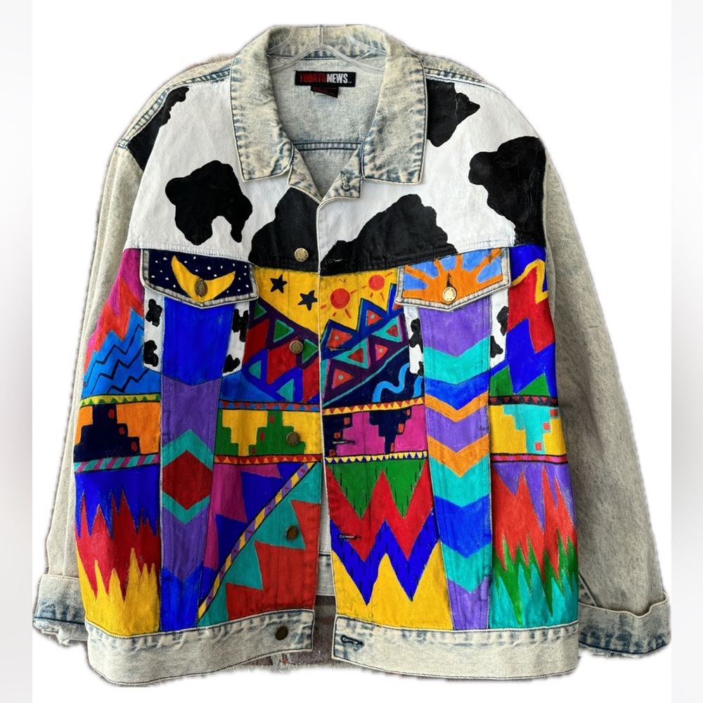 Vintage Hand Painted Y2K Todays News Denim Jacket Size XL